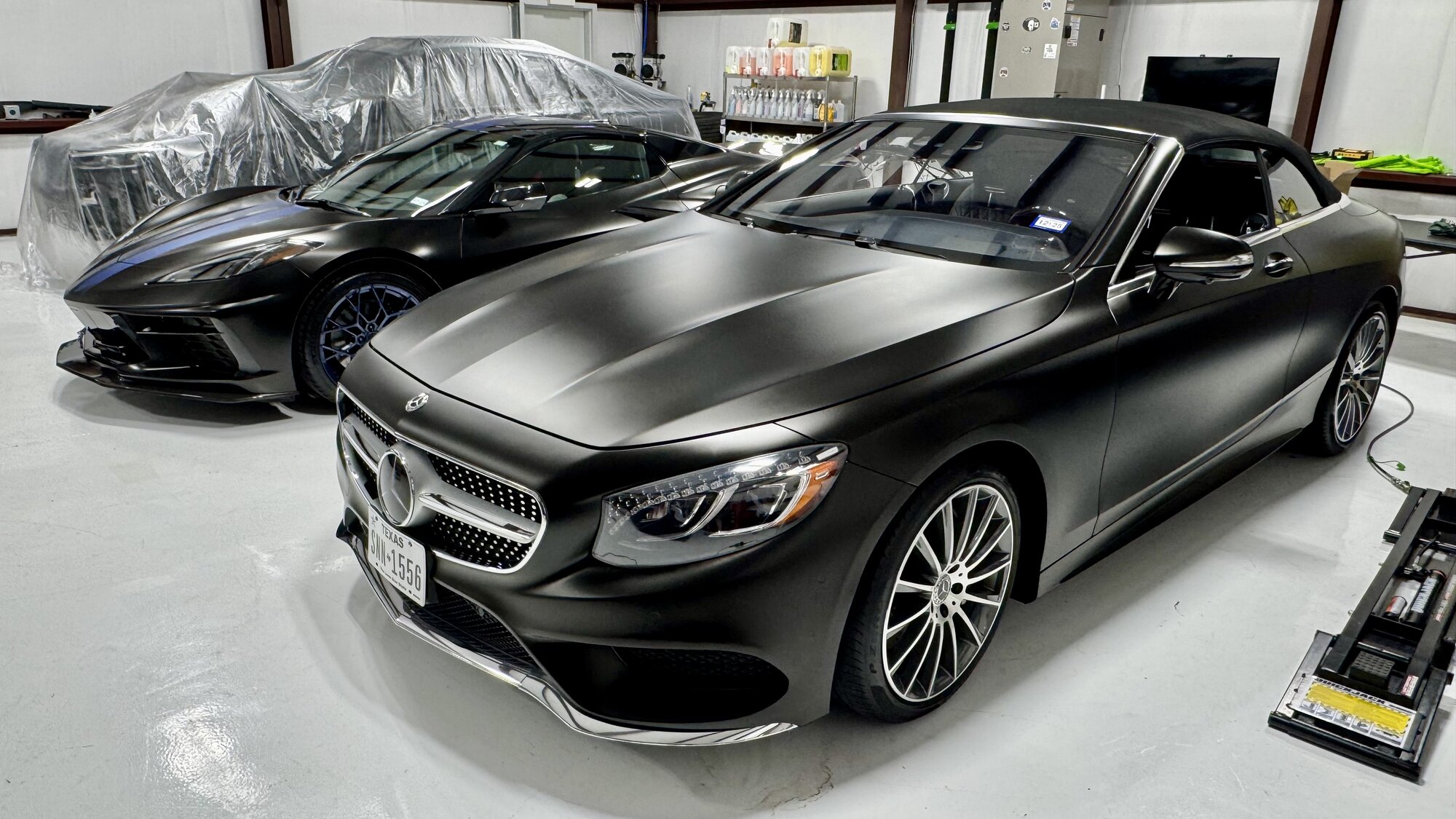 Matte black Mercedes S550 cabriolet with ceramic coating in the studio
