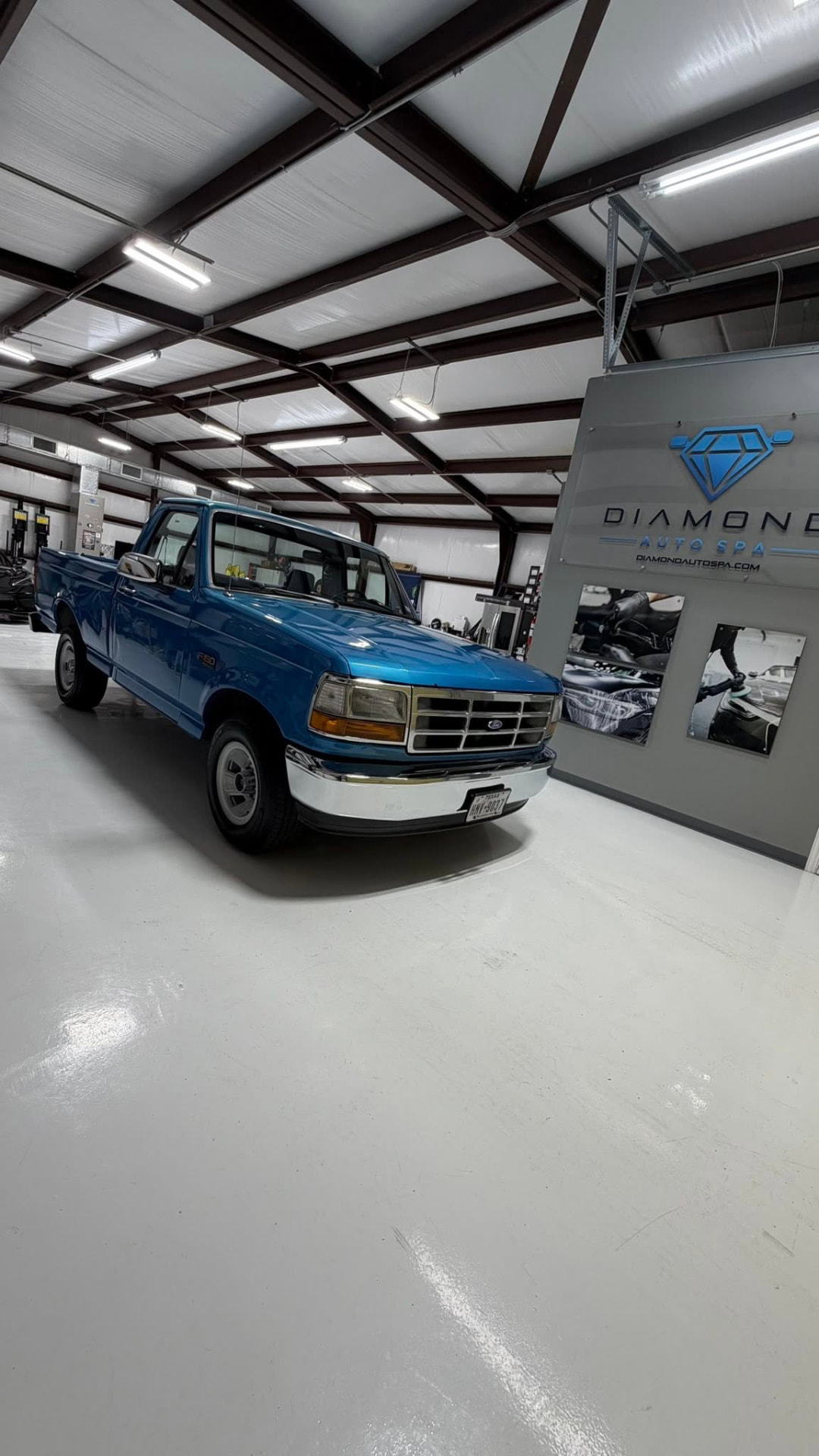 Blue 1994 Ford F-150 after rust repair and a patina paint job in the studio